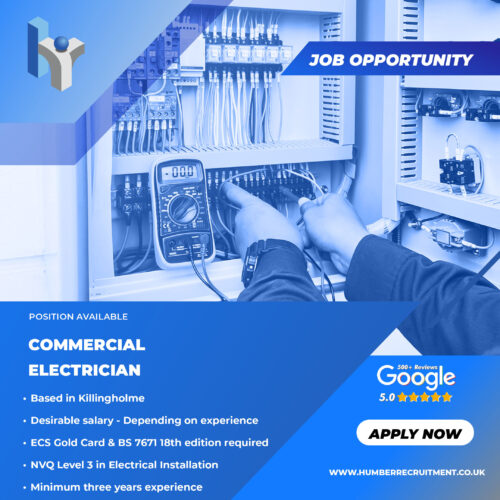 Commercial Electrician job vacancy in Killingholme from Humber Recruitment