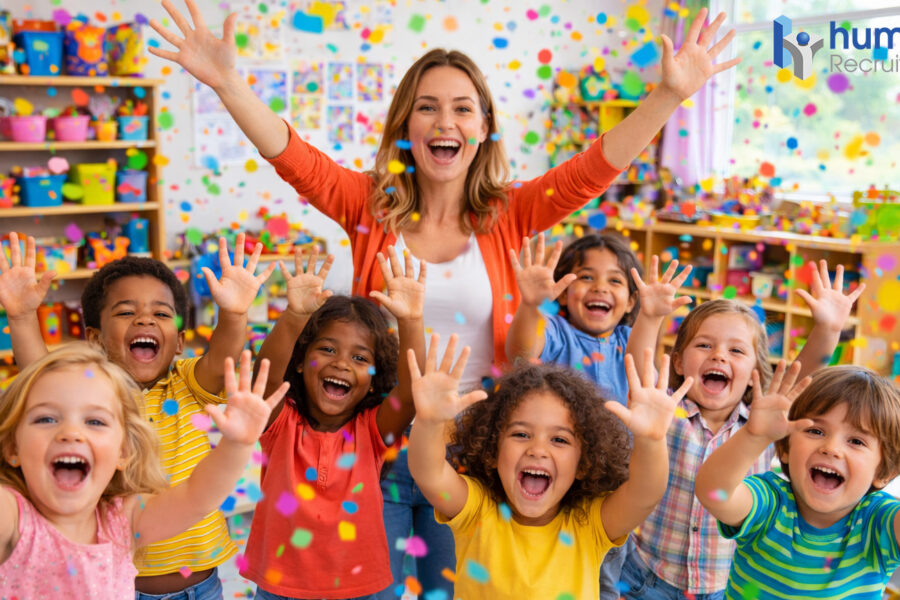 Nursery children and practitioner celebrating in a classroom.