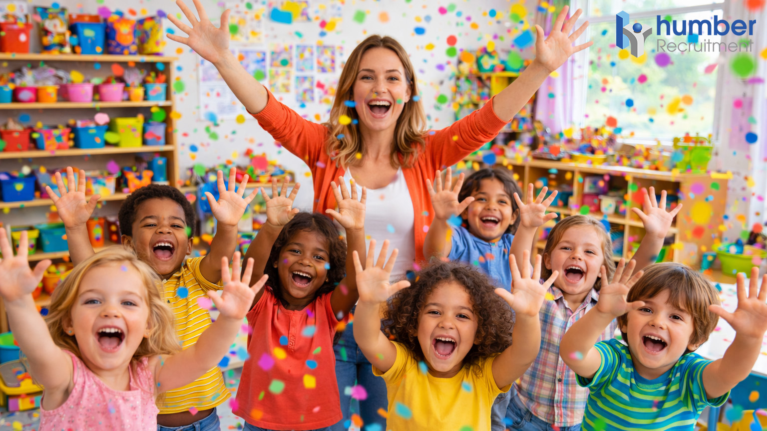 Nursery children and practitioner celebrating in a classroom.