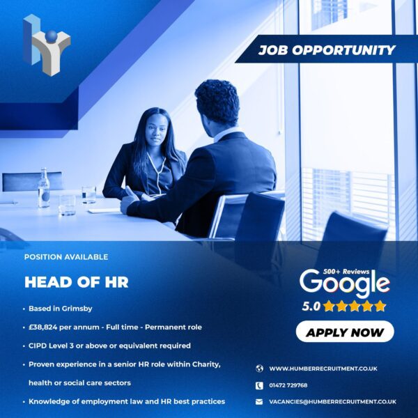 Head of HR job vacancy from Humber Recruitment in Grimsby