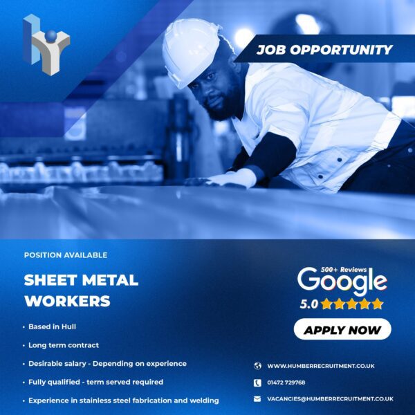 Sheet Metal Worker vacancies in Hull from Humber Recruitment