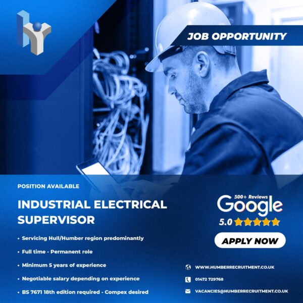 Industrial Electrical Supervisor job vacancy from Humber Recruitment
