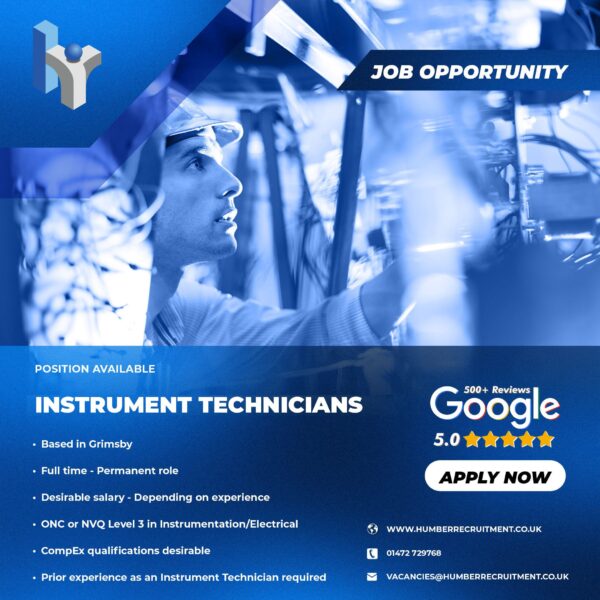 2x Instrument Technician vacancies in Grimsby from Humber Recruitment