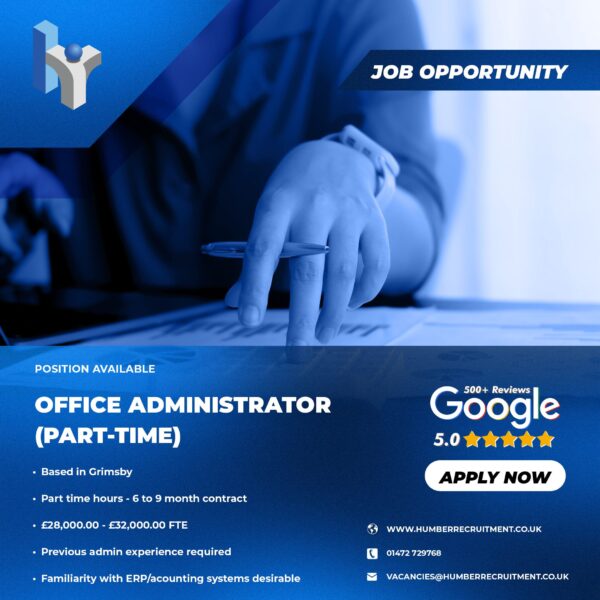 Office Administrator job vacancy in Grimsby on a part time basis. 