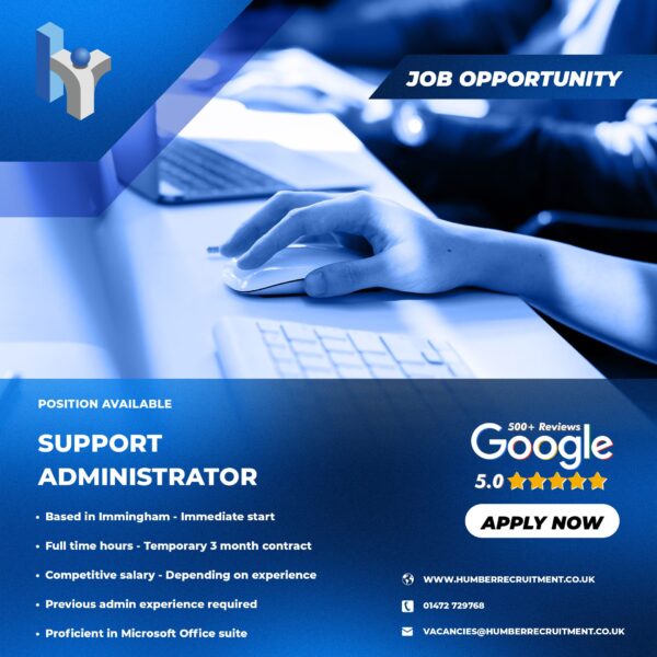 Support Administrator job vacancy in Immingham from Humber Recruitment