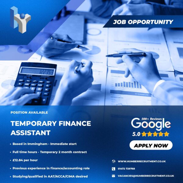 Temporary finance assistant job vacancy in Grimsby from Humber Recruitment
