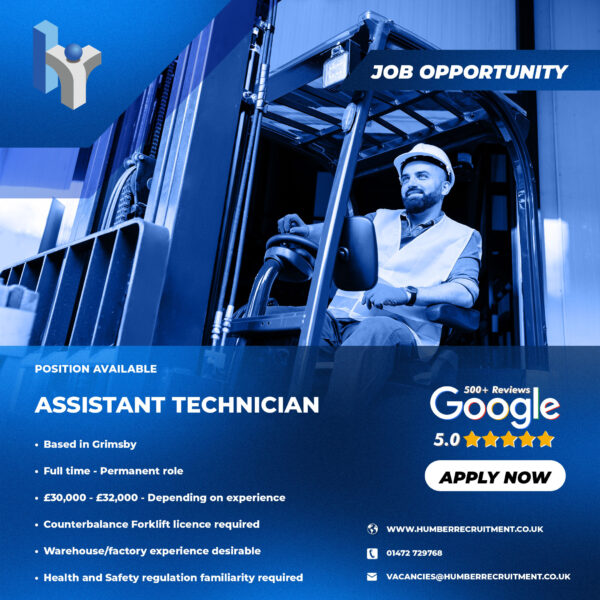 Assistant Technician job vacancy in Grimsby from Humber Recruitment