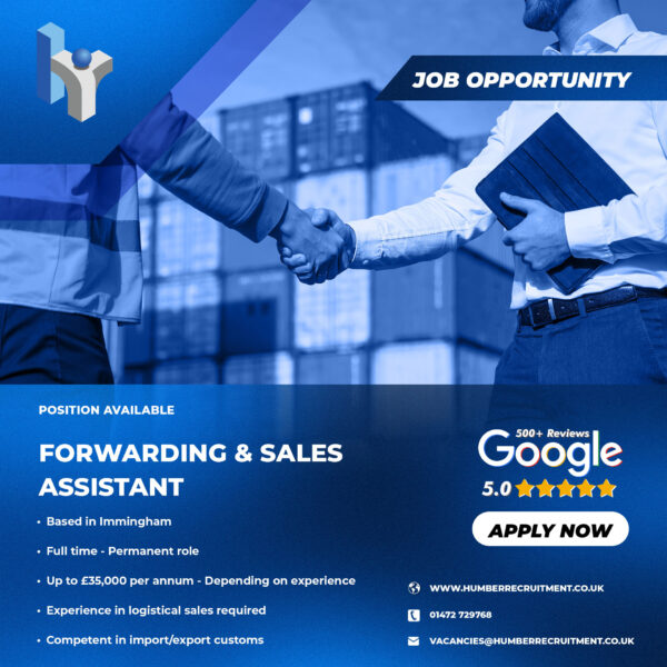 Forwarding & Sales Assistant job vacancy from Humber Recruitment