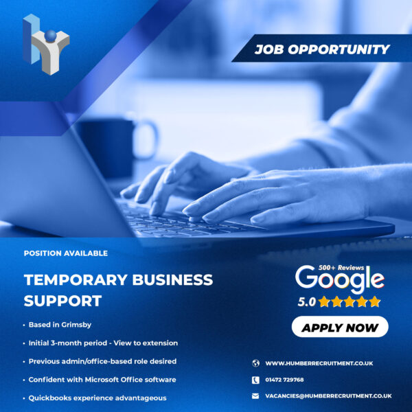 Temporary Business Support vacancy in Grimsby from Humber Recruitment
