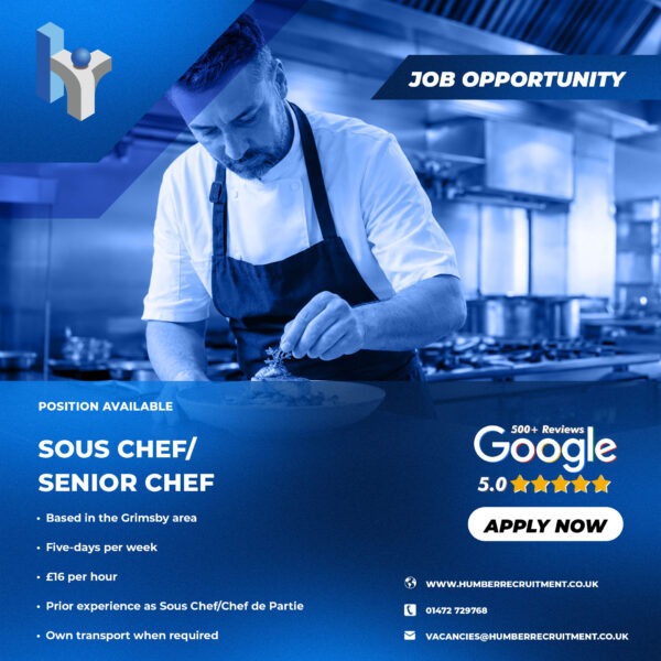 Sous Chef/Senior Chef job vacancy in Grimsby from Humber Recruitment