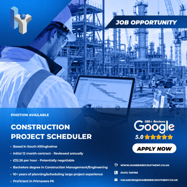 Construction Project Manager job vacancy in South Killingholme from Humber Recruitment