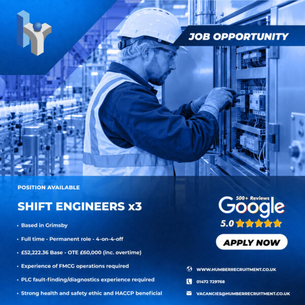 3x Shift Engineer vacancies from Humber Recruitment in Grimsby