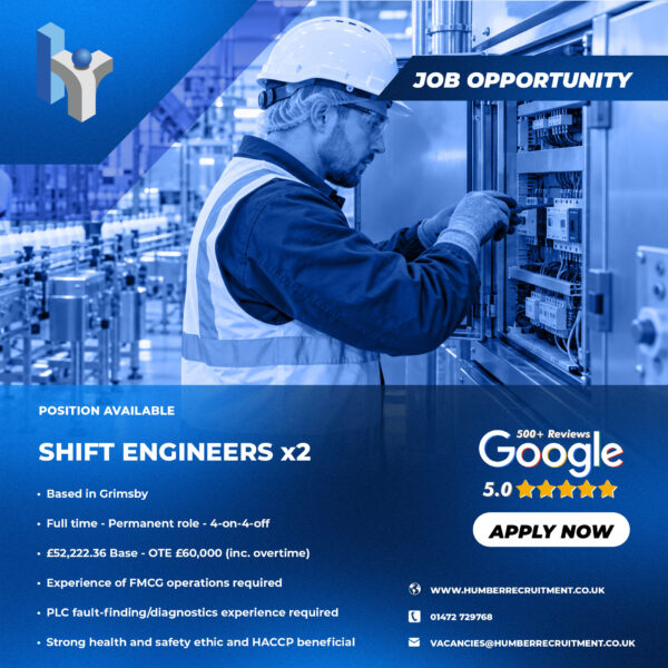 2x Shift Engineer vacancies from Humber Recruitment in Grimsby